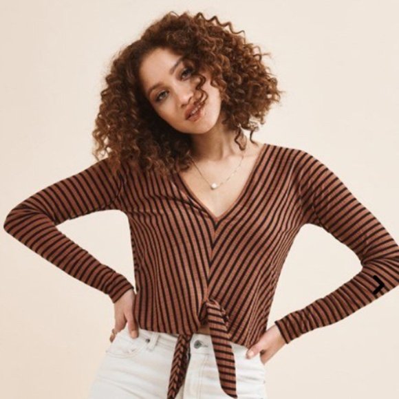 Striped Longsleeve Tie Top - Picture 1 of 5